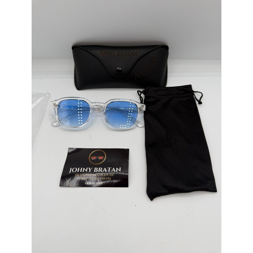 Johny Bratan Blue Lens Sunglasses Clear Transparent Frame Square Unisex w/ Case